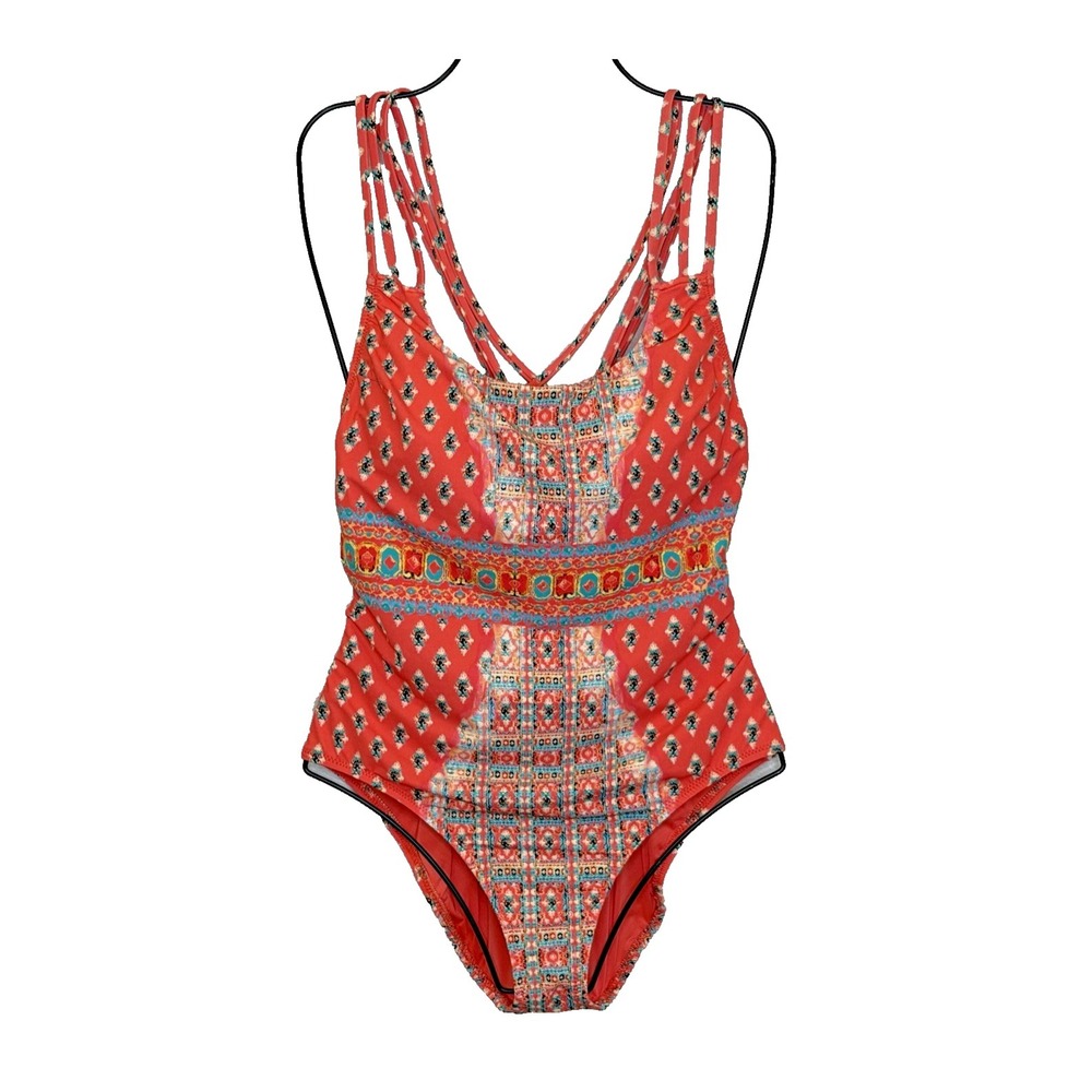 Red Printed One-Piece Swimsuit with Strappy Back
